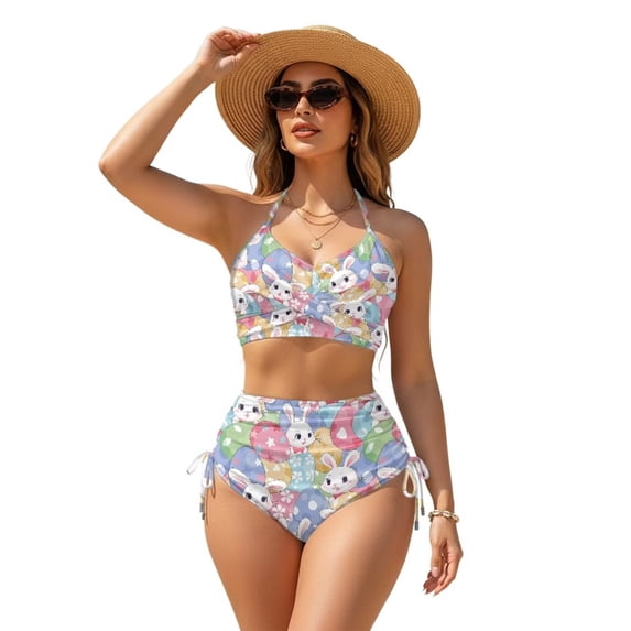 Xoenoiee Rabbit Bunny Egg Print High Waisted Bikini Sets for Women Easter Tummy Control Swimsuits Two Piece V Neck Drawstring Bathing Suits 2026, L