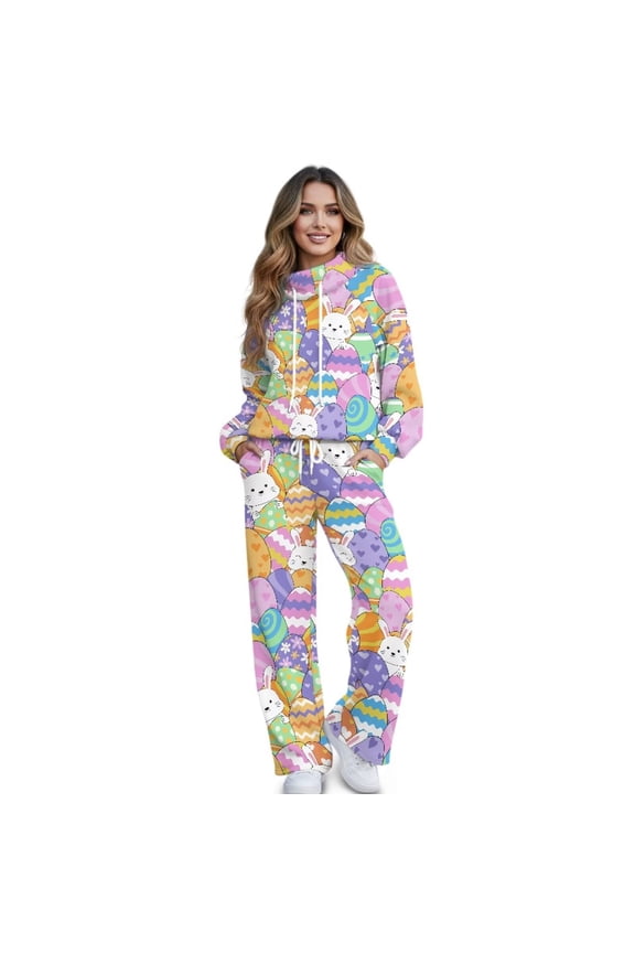 Rabbit Bunny Egg Print Women's 2 Piece Lounge Outfits Long Sleeve Hooded Sweatsuits Set Wide Leg Jogging Pants Travel Track Suit Plus Size, L
