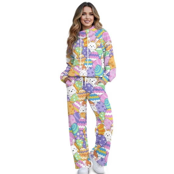 Xoenoiee Rabbit Bunny Egg Print Women's 2 Piece Lounge Outfits Long Sleeve Hooded Sweatsuits Set Wide Leg Jogging Pants Travel Track Suit Plus Size, S