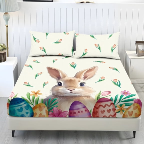 Xoenoiee Rabbit Bunny Egg Tulip Pattern Sheets Set, Soft Microfiber Easter Decor 3 Piece with Fitted Sheet and Pillowcases, Deep Pocket Breathable, Wrinkle Resistant, Hotel Luxury, King Size