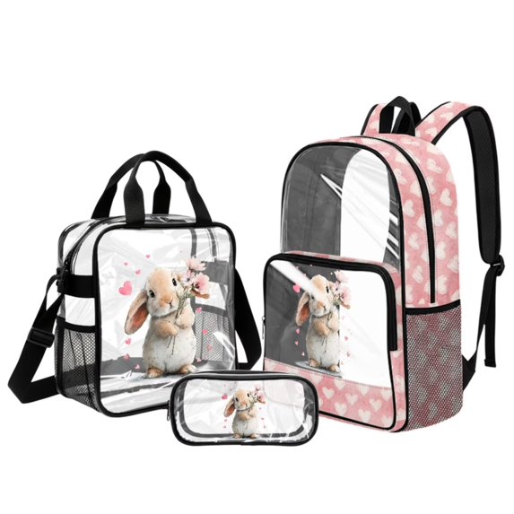 Xoenoiee Rabbit Bunny Heart Flower Print 3PCS Clear Backpack for Girls, Transparent Backpack with Heavy Duty PVC, See Through Backpacks Rucksack Travel Daypack with Lunch Bag and Pencil Case