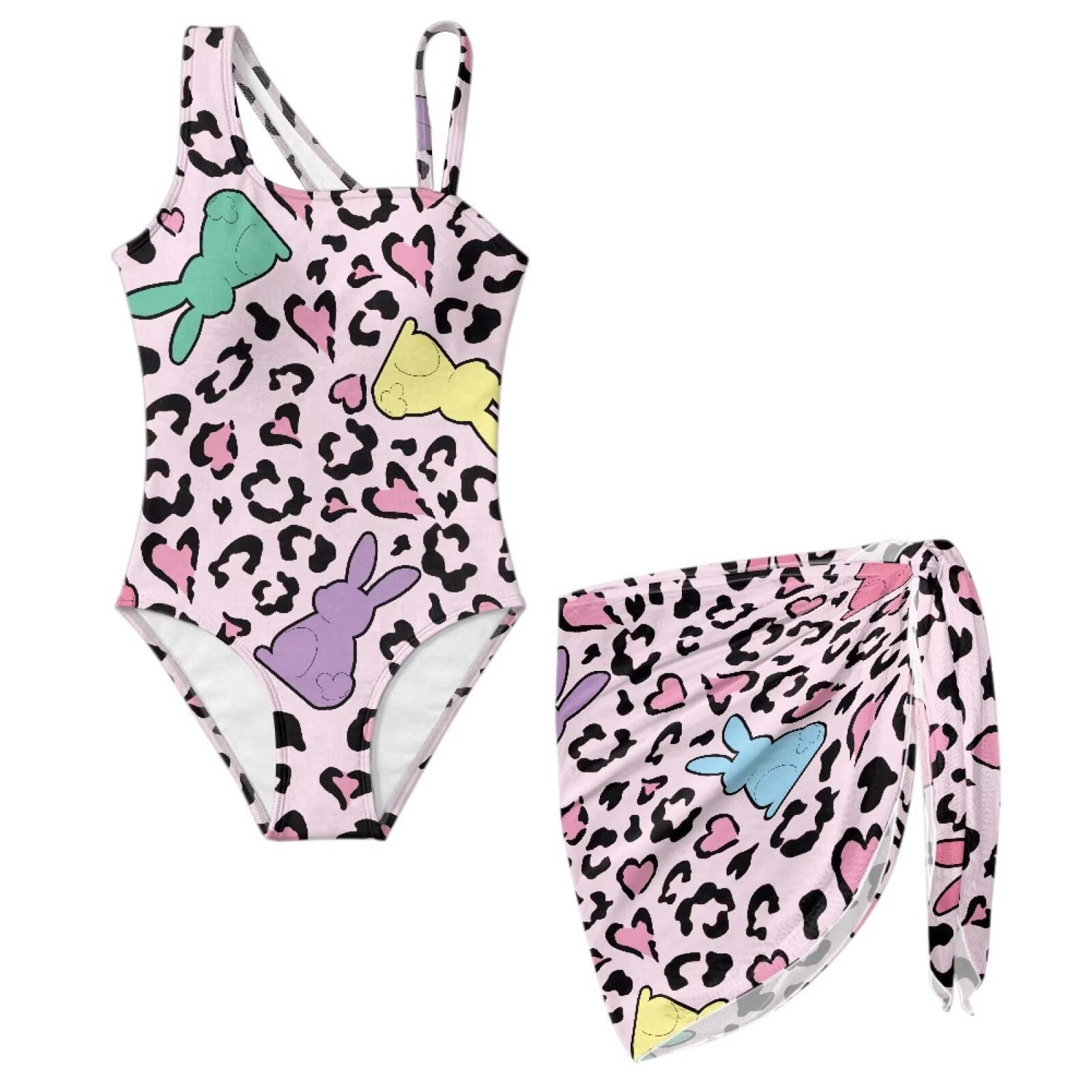 Xoenoiee Rabbit Bunny Heart Leopard Print Girls One Piece Swimsuit with ...
