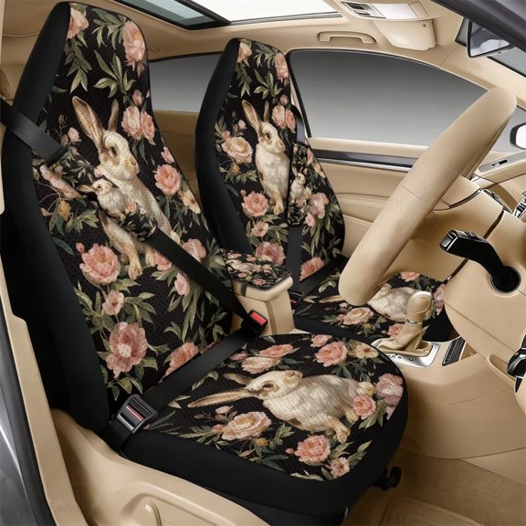 Xoenoiee Rabbit Bunny Peony Flower Print Car Front Seat Cover Set with Car Seat Belt Pads and Center Console Cover, Easter Decoration Auto Interior Accessories Protector for Most Vehicle, Set of 5