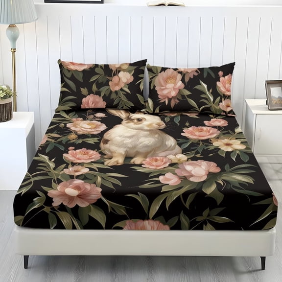 Xoenoiee Rabbit Bunny Peony Flower Print Extra Deep Pocket Fitted Sheet Set, Easter Decor 3 Pieces Bedding Set Includes 1 Fitted Sheet & 2 Pillowcases, Luxury Bed Sheets for Women Men, Twin Size