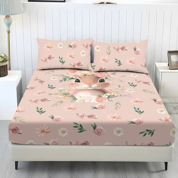 Xoenoiee Rabbit Bunny Rose Daisy Flower Print 3 Pcs Sheet Set, Soft Comfort Bedding Sets Easter Decor with 1 Fitted Sheet and 2 Pillowcases, Cooling Cozy All-Season Bed Sheets, Twin XL Size