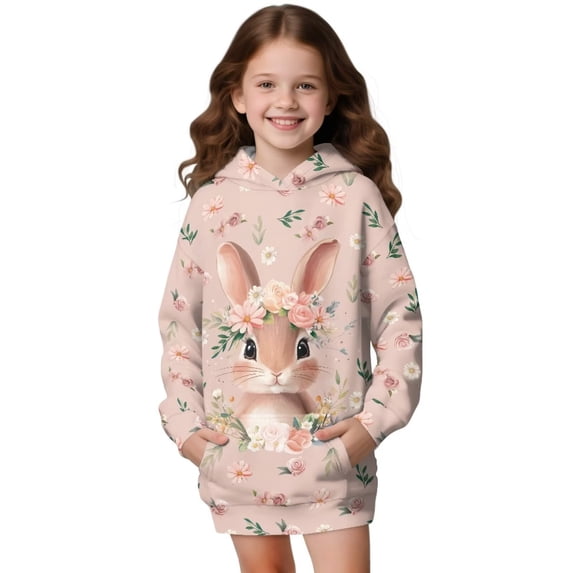 Xoenoiee Rabbit Bunny Rose Daisy Print Long Hoodies for Kids Graphic Hooded Sweatshirt for Girls Easter Long Sleeve Hoodie Dress Workout Casual Fall Tops Pullover with Kangaroo Pocket, 13-14 Years