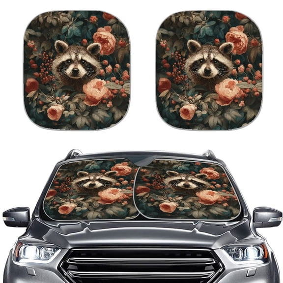 Xoenoiee Raccoon Peony Flower Print 2 Piece Car Windshield Sun Shade, Sunshade for Car Windshield Block UV Rays Protector, Folding Auto Sun Shades Window Shield Visor Cover Keep Vehicle Cool