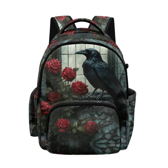Xoenoiee Raven Crow Rose Flower Print Backpack for Kids Lightweight Bookbag School Bag for Boys 17 Inch Schoolbag Children Kindergarten Student Daypack with Zipper Pocket