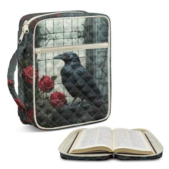 Xoenoiee Raven Crow Rose Flower Print Bible Cover Bag for Women Men, Scripture Study Carrying Book Cover Quilted Church Bag with Handle and Pocket, Bible Protective Christian Gifts