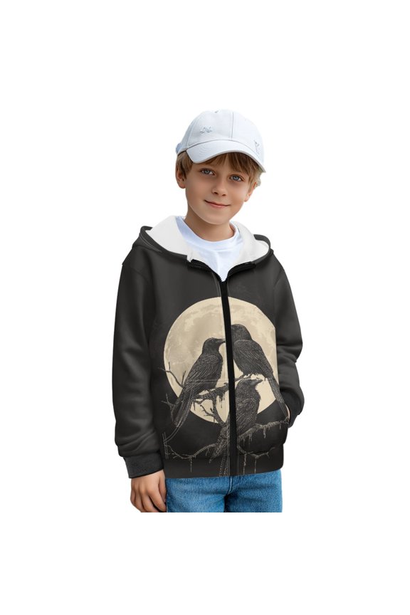 Raven Moon Print Fleece Full Zip Hoodies for Boys Lightweight Casual Long Sleeve Hoodie Sweatshirts Athletic Tops Sports Shirt Outerwear with Pocket, M