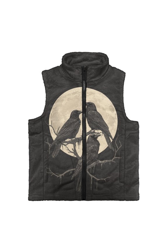 Raven Moon Print Kids Warm Winter Vest, Sleeveless Polar Fleece Jacket with Zipper, Stand Collar Outerwear with Pockets for Toddler Boys, Size 2T