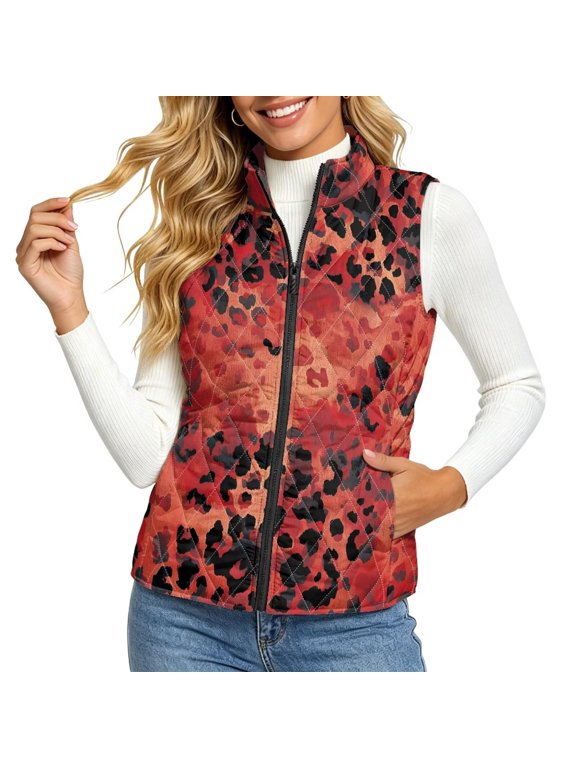 Red Black Leopard Print Women's Quilted Puffer Vest Sleeveless Jacket with Pockets Padded Gilet Stand Collar, Casual Daily Wear for Office & Work Settings and Outdoor Activities, XL