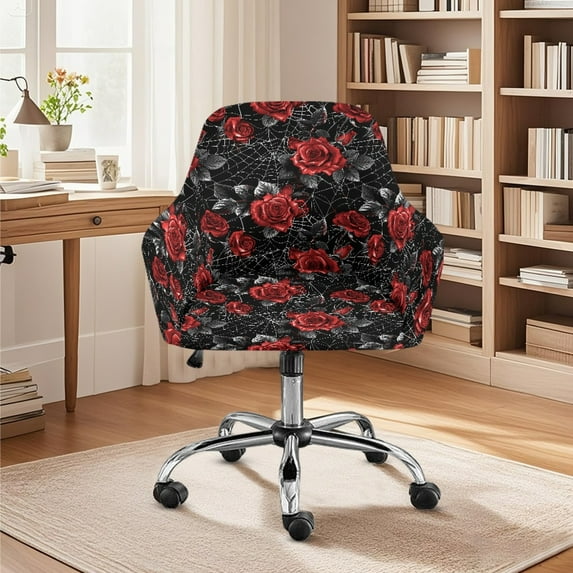 Xoenoiee Red Rose Spider Web Pattern Office Arm Chair Cover Swivel Dining Chair Slipcover Curved Back Armrest Chair Covers Stretch Desk Chair Protector Cover for Home Office
