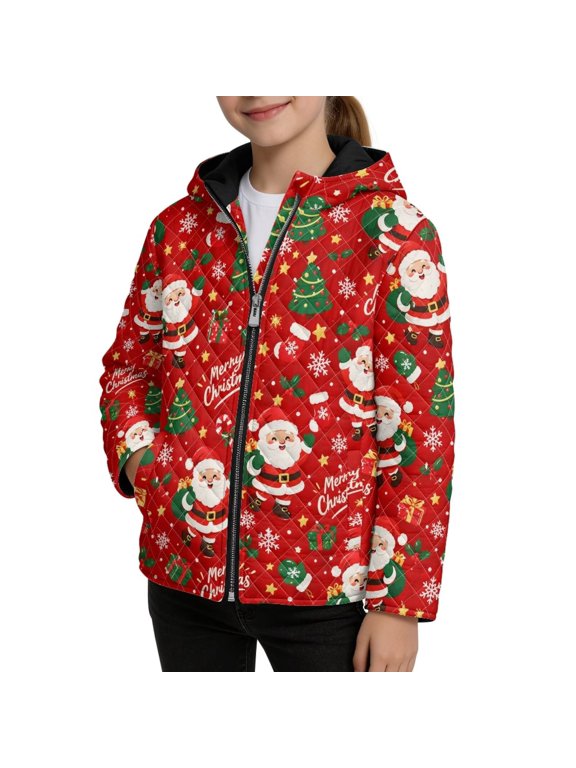 Red Santa Claus Tree Sock Snowflake Christmas Print Girls Quilted Hooded Jacket, Xmas Warm Padded Winter Coat with Zipper and Pockets, Windproof & Water Resistant Long Sleeve Outerwear, XL