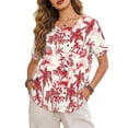 thumbnail image 1 of Xoenoiee Red Toile De Jouy Palm Tree Print Women's Shirt Tunic Top, Round Neck Shirts Short Sleeve Linen Like Blouse Button Decor Dressy Loose Fit Pullover Top for Outdoor Vacation, 2XL, 1 of 7