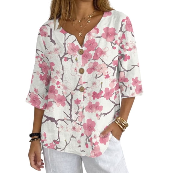 Xoenoiee Retro Cherry Blossom Print Linen Shirt for Women Spring Summer V Neck Button Down Linen Tops 3/4 Sleeve Oversized Blouse Women Casual Outfit, 2X-Large