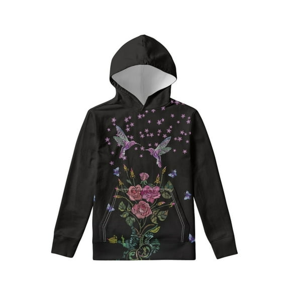 Xoenoiee Retro Floral Hummingbird Butterfly Rose Print Hooded Sweatshirt with Front Kangaroo Pocket for Kids Long Sleeve Hoodies Pullover Athleticwear Age 6-16 Years, M