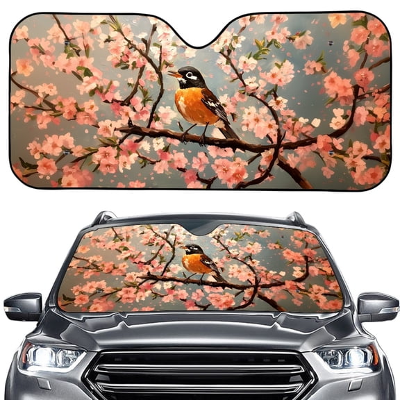 Xoenoiee Robin Cherry Blossom Print Sun Shade for Car Windshield, Foldable Front Window Sun Visor Reflective Fabric Blocks UV Rays and Sun, Automotive Interior Protection for Cars Trucks SUVs