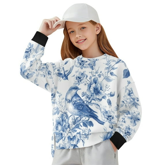 Xoenoiee Robin Flower Print Girls Oversized Crewneck Sweatshirt Y2k Long Sleeve Side Slit Pullover Drop Shoulder Sweatshirt for Teen Girl, 13-14 Years