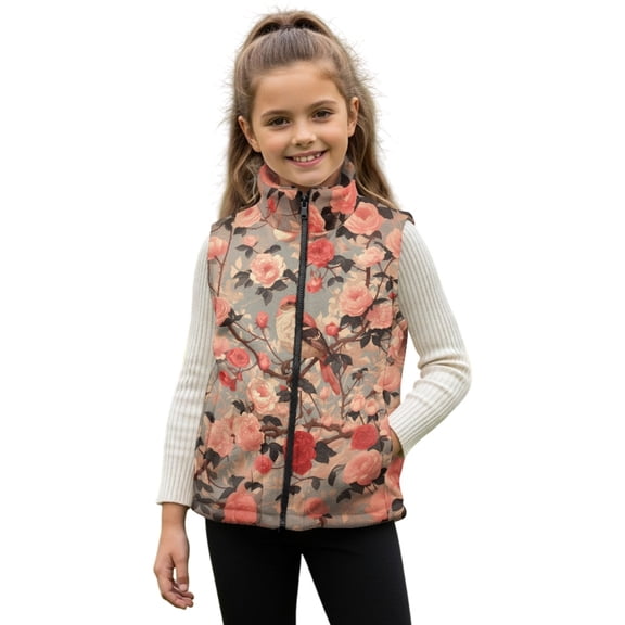 Xoenoiee Robin Rose Flower Print Cozy Girls' Fleece Vest, Stand Collar Sleeveless Outerwear for Fall Winter, Lightweight Zip-Up Jacket with Pockets, Size 5-6 Years