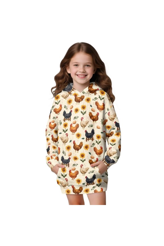 Rooster Chicken Egg Sunflower Print Long Hoodies Dress Sweatshirt for Kids Girls Pullover Long Sleeve Sweater with Pocket Casual Hoodie Fall Outfits Sportswear Jumpers, 11-12 Years