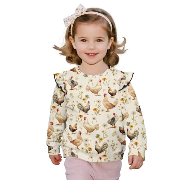 Xoenoiee Rooster Chicken Floral Print Sweatshirt Crewneck Pullover Sweatshirts for Toddler Girls Long Sleeve T-Shirts Graphic Sweaters Comfy Kids Tops Fall Outfits, Size 7-8 Years
