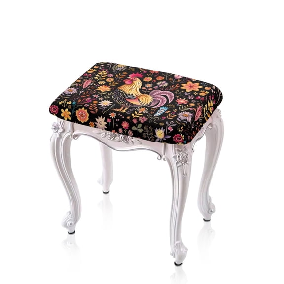 Xoenoiee Rooster Chicken Flower Leaf Print Stool Covers Rectangular Vanity Bench Stool Cover, (14"- 20") L x (10"- 14") W Rectangle Small Bench Stretch Jacquard Washable Slipcover, 2 Pack