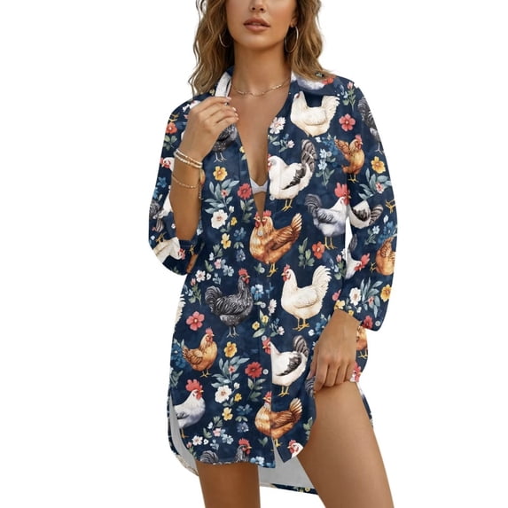 Xoenoiee Rooster Chicken Flower Print Womens Swimsuit Coverup Shirt Button Down Bathing Suit Cover Ups Beachwear for Beach Pool Vacation Swimming, XL