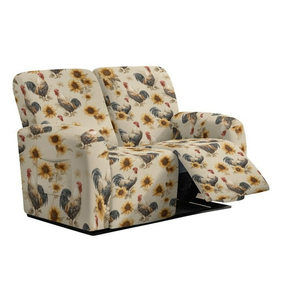 Xoenoiee Rooster Chicken Sunflower Print Reclining Loveseat Slipcover, Washable 6-Piece Velvet Stretch Sofa Covers, Soft 2 Seat Loveseat Recliner Cover