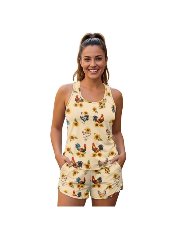 Rooster Chicken Sunflower Print Womens 2026 Plus Size Tankini Swimsuits Rash Guard Athletic Two Piece Swimwear Bathing Suits with Pockets for Women, 5XL
