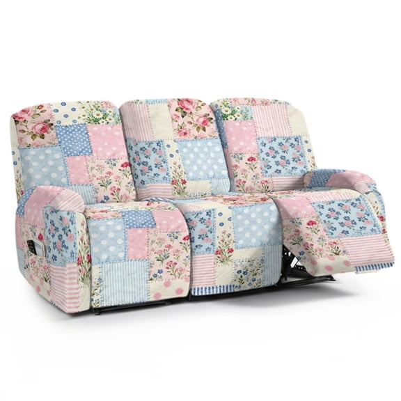 Xoenoiee Rose Daisy Dot Grid Pattern Recliner Slipcover Stretch Reclining Chair Covers 8 Pieces Non Slip Recliner Sofa Slipcovers with Pockets Fitted Sofa Couch Cover Lazy Boy Chair Cover