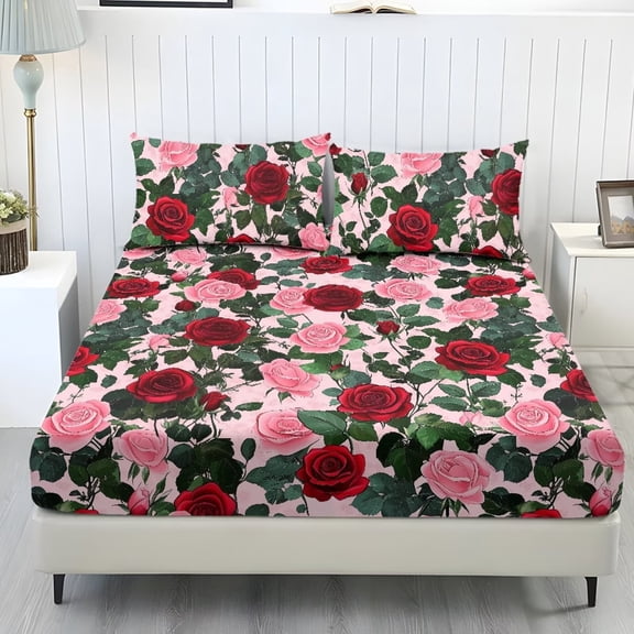 Xoenoiee Rose Flower Pattern 3 Pcs Cooling Bed Sheet Set, Soft Bedding Set, Includes 1 Fitted Sheet and 2 Pillowcases, Breathable Comfortable Sheets for Bedroom, King Size