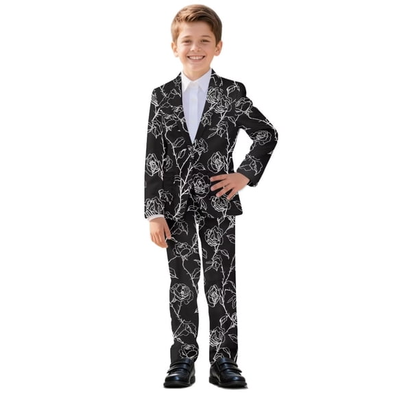 Xoenoiee Rose Flower Print Boys Outfit Kids Tuxedo Suit Set Teens Graduation Outfits Dress Wear Blazer Set Prom Outfit, Size 6-7 Years