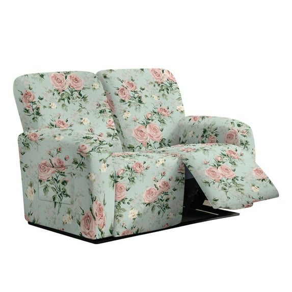 Xoenoiee Rose Flower Print Reclining Loveseat Cover, 6 Piece Polyester Fabric Stretch Loveseat Reclining Sofa Covers, Washable Furniture Protector with Elastic Bottom