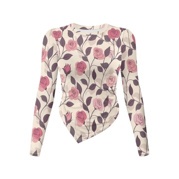 Xoenoiee Rose Flower Print Women Long Sleeve Shirts Crew Neck Slim Fit Stretchy T Shirts Going Out Y2k Tops Irregular Hem Blouses Teen Girl Clothes, L