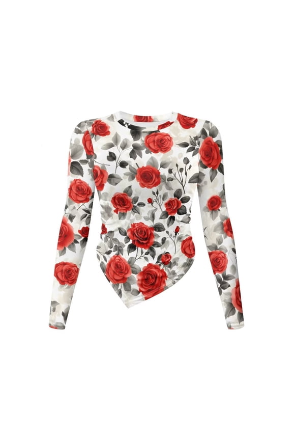 Rose Flower Print Women's Long Sleeve T Shirts Crew Neck Slim Fit Tops Dressy Ruched Basic Tee Y2k Going Out Shirts Irregular Hem Blouser, Size L