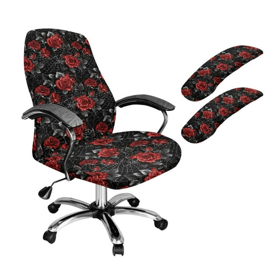 Xoenoiee Rose Spider Web Print Office Chair Cover Set with Armrest Covers, Stretchable Oversized Desk Chair Cover Thick High Back Office Seat Cover, Set of 3, S