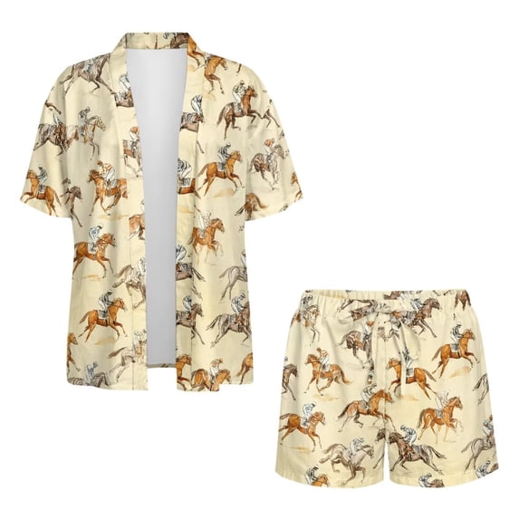 Xoenoiee Running Horse Print Womens 2 Piece Outfits Summer Open Front Cardigan Cover Up and Shorts Set Comfy Half Sleeve Kimono Swim Cover Up, Size S