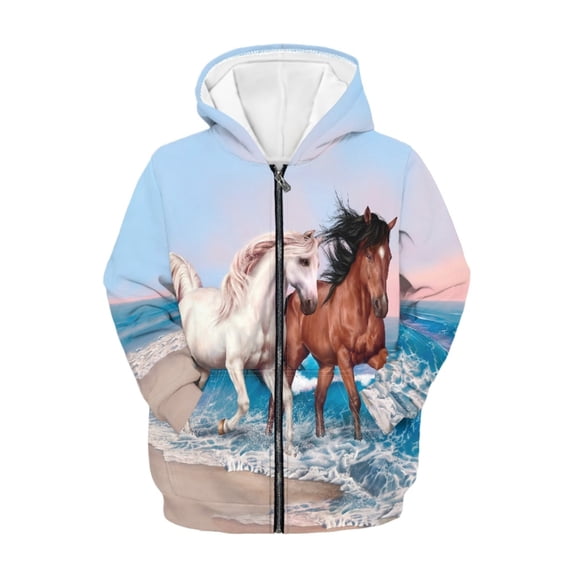 Xoenoiee Running Horses Beach Sea Waves 3D Print Kids Hoodies Zip Up Jacket with Pocket for Boys Girls 8-10 Years Teens Long Sleeve Athletic Hooded Sweatshirt Fall Winter Active Wear Coat