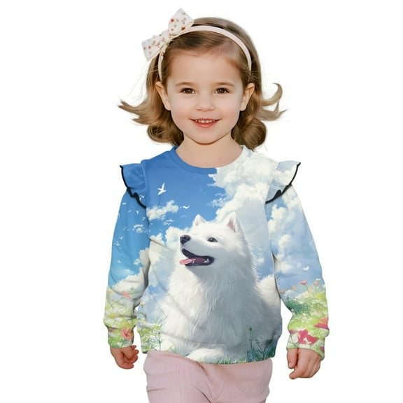 Xoenoiee Samoyed Flower Print Girls Crewneck Sweatshirt Toddler Kids Long Sleeve T Shirt Ruffle Pullover Cotton Sweater Tops, Size 5-6 Years