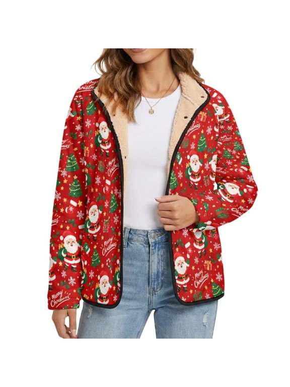 Santa Clasu Tree Sock Snowflake Christmas Print Women's Fleece Jacket Button Down Lapel Collar Sherpa Jackets Xmas Long Sleeve Outerwear Fleece Lined Warm Coats for Lounge Workout, L