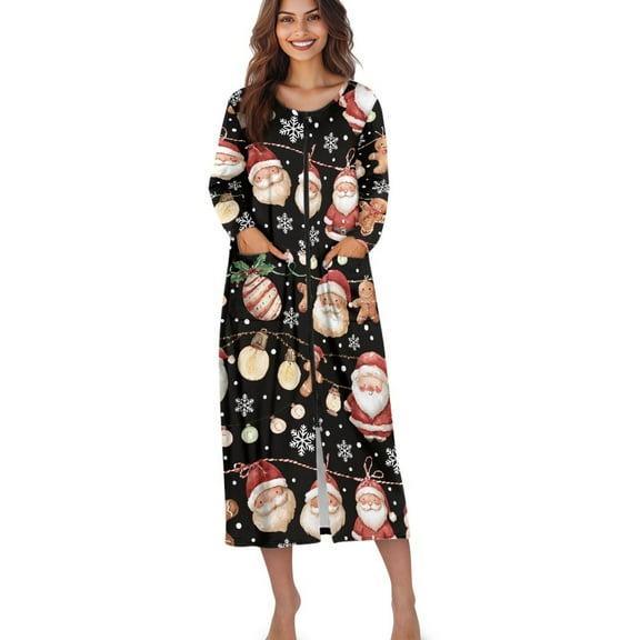 Xoenoiee Santa Claus Cookies Bulb Snowflake Print Robe for Women Christmas Zipper Robe Long Sleeves Housecoat Full Length Nightgown Loungewear Xmas Long Bathrobe with Pockets, Size 2XL