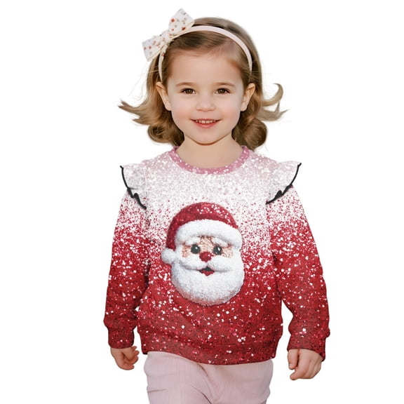 Xoenoiee Santa Claus Glitter Print Toddler Little Girls Long Sleeve Sweatshirt Ruffle Sleeve Shirts Tops Pullover Crewneck Sweater Top, Size 1-2 Years