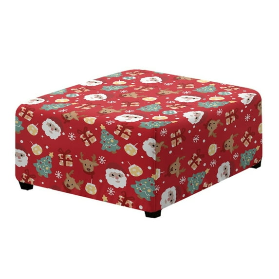 Xoenoiee Santa Claus Reindeer Tree Snowflake Print Ottoman Cover Square, Stretch Ottoman Slipcover Christmas Decor Washable Storage Ottoman Cover Foot Stool Cover with Elastic Bottom, L