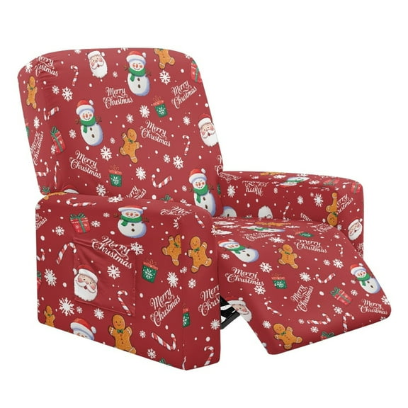 Xoenoiee Santa Claus Snowman Cookies Candy Snowflake Pattern Recliner Chair Cover Christmas Decor 4 Piece Recliner Sofa Slipcover with Elastic Bottom, Recliner Protector with Pocket for Recliners
