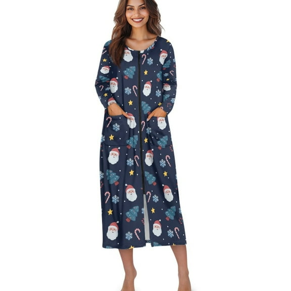 Xoenoiee Santa Claus Tree Candy Star Print Zipper Front Robes for Women Christmas House Coat Long Sleeve Loungewear Lightweight Long Nightgown Xmas Bathrobe with Pockets, Size 4XL