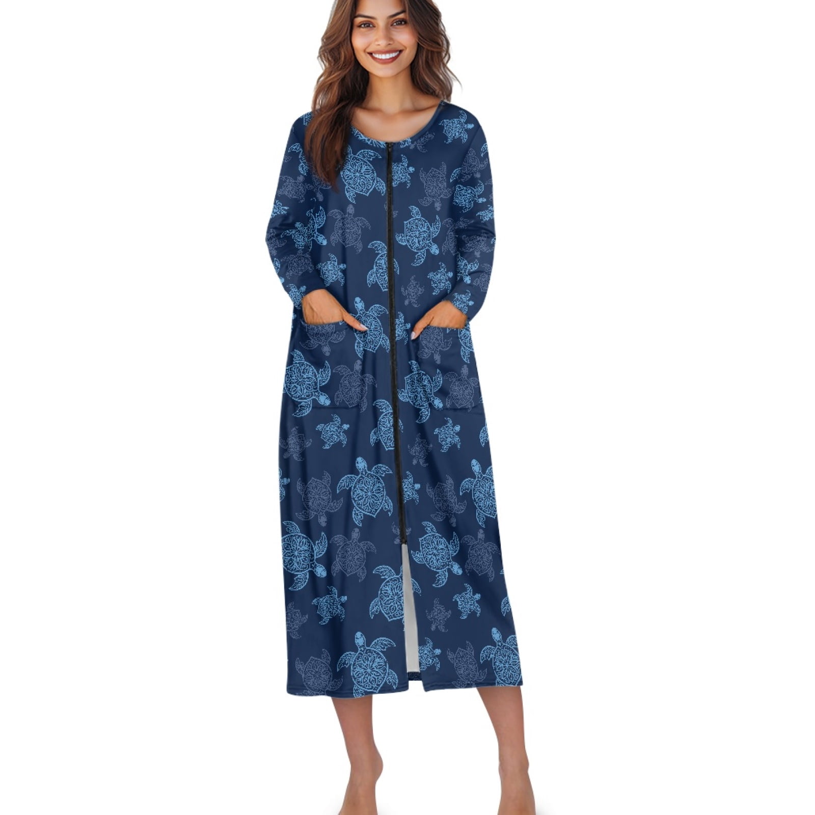 Xoenoiee Sea Turtle Print Women's Zip Up Robe Fleece Bathrobe Long ...