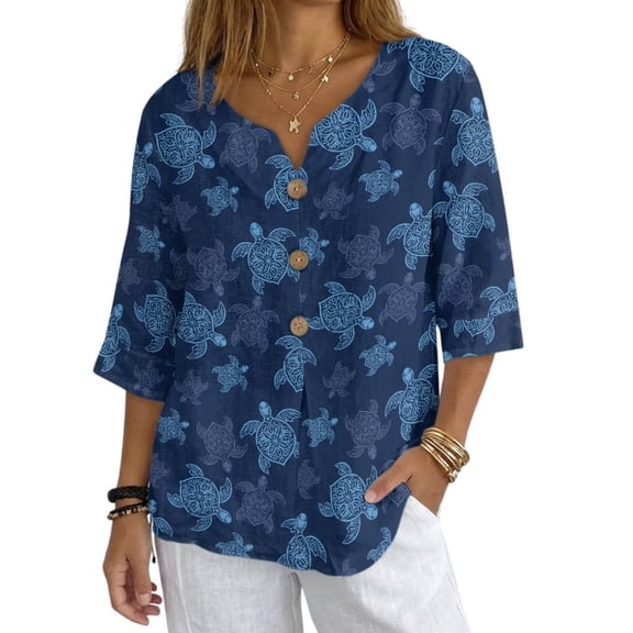 Xoenoiee Sea Turtle Print Womens 3/4 Sleeves Button Down Shirts Pleated Blouses Business Casual Tops Work Office T-shirt Plus Size, Size M
