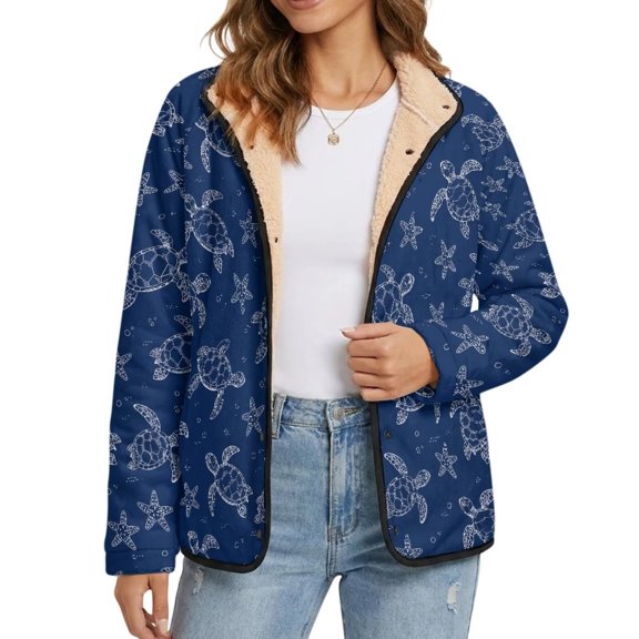 Xoenoiee Sea Turtle Starfish Print Womens Fleece Lined Jacket with Pockets Button Down Long Sleeve Winter Coat Y2K, Oversized Jacket, Warm Sherpa Baggy Fuzzy Jacket Plus Size, S