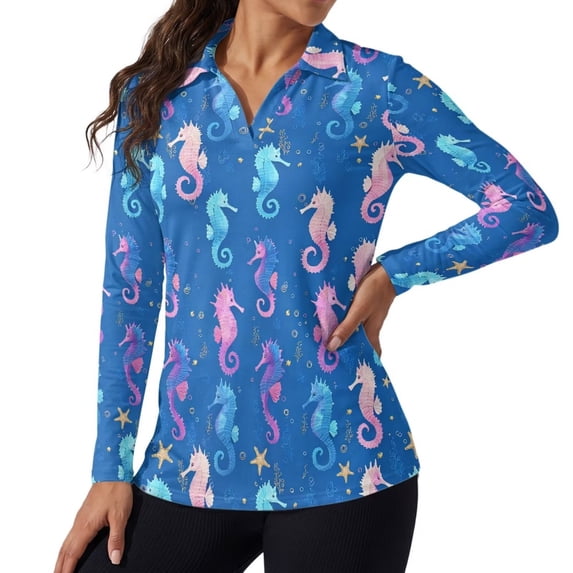 Xoenoiee Seahorse Starfish Print Womens Golf Shirt Long Sleeve Polo Quick Dry V Neck Workout Top Lightweight Soft Collar Tennis Shirts for Golf Pickleball Athletic Running Gym, Size XS